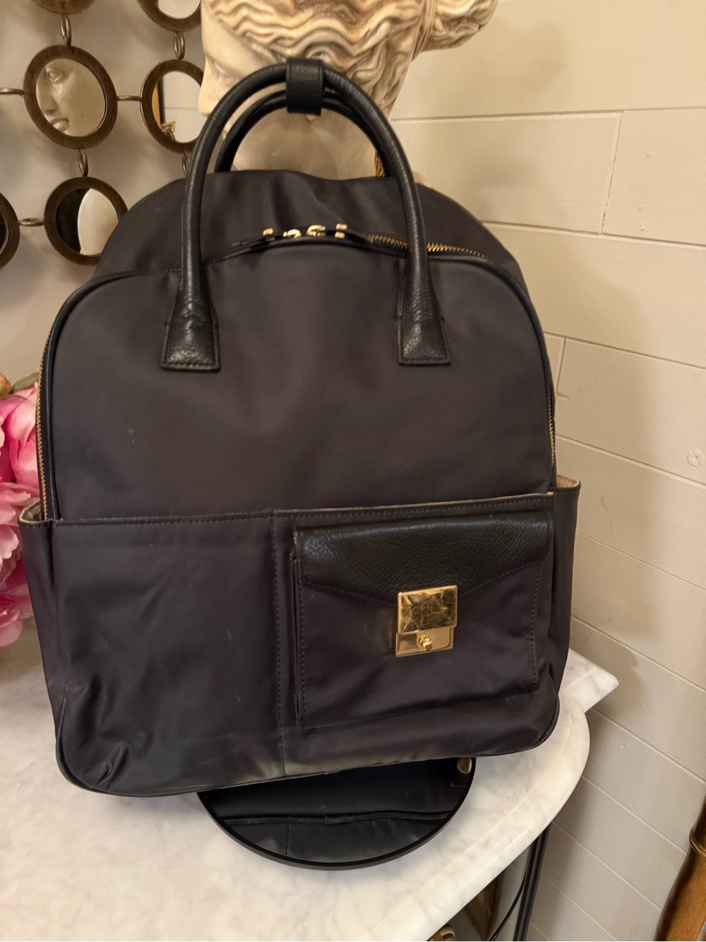 India Hicks sporty Black Nylon Backpack with Gold Hardware multiple pockets EUC